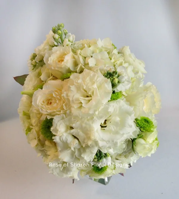 Round Bouquet. White Roses, Mums & Stock. Rose of Sharon Floral Designs