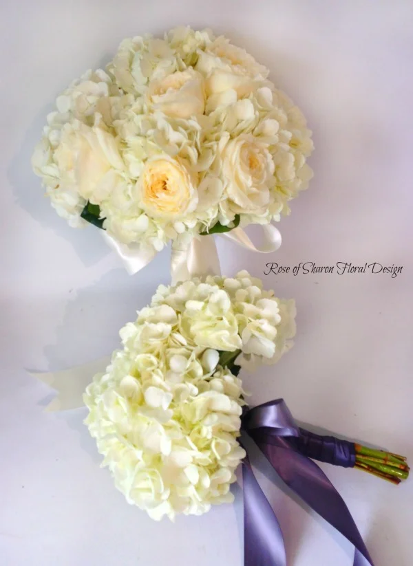 Garden Rose and Hydrangea Bridal Bouquet and Hydrangea Bridesmaid Bouquet. Rose of Sharon Floral Designs