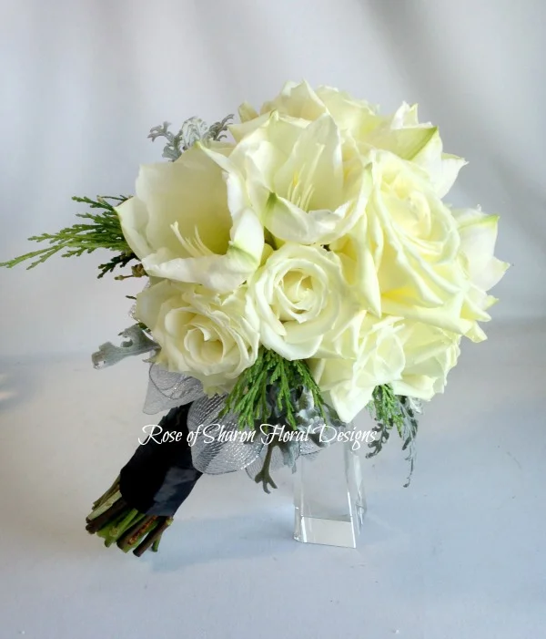 White Hand-Tied Amaryllis and Rose Bouquet. Rose of Sharon Floral Designs
