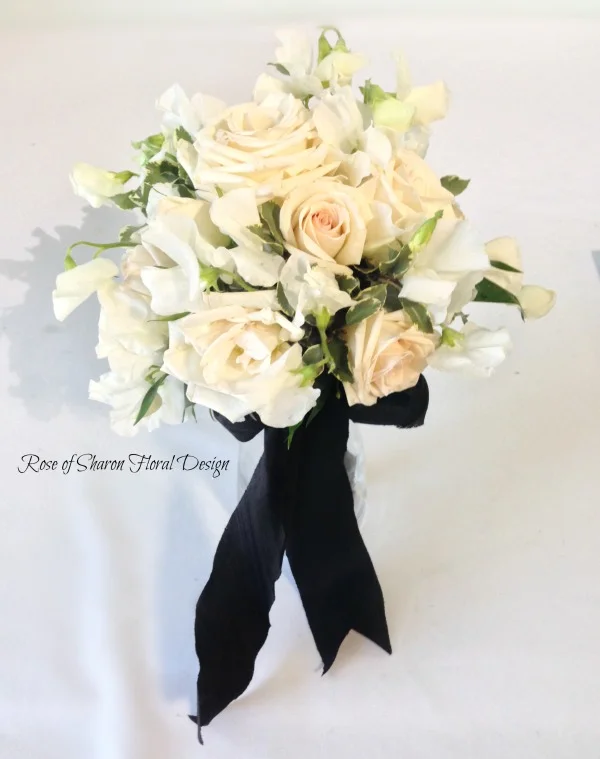 Hand-Tied Spring Mix Bouquet. Blush Roses, Lisianthus & Sweet Peas. Rose of Sharon Floral Designs
