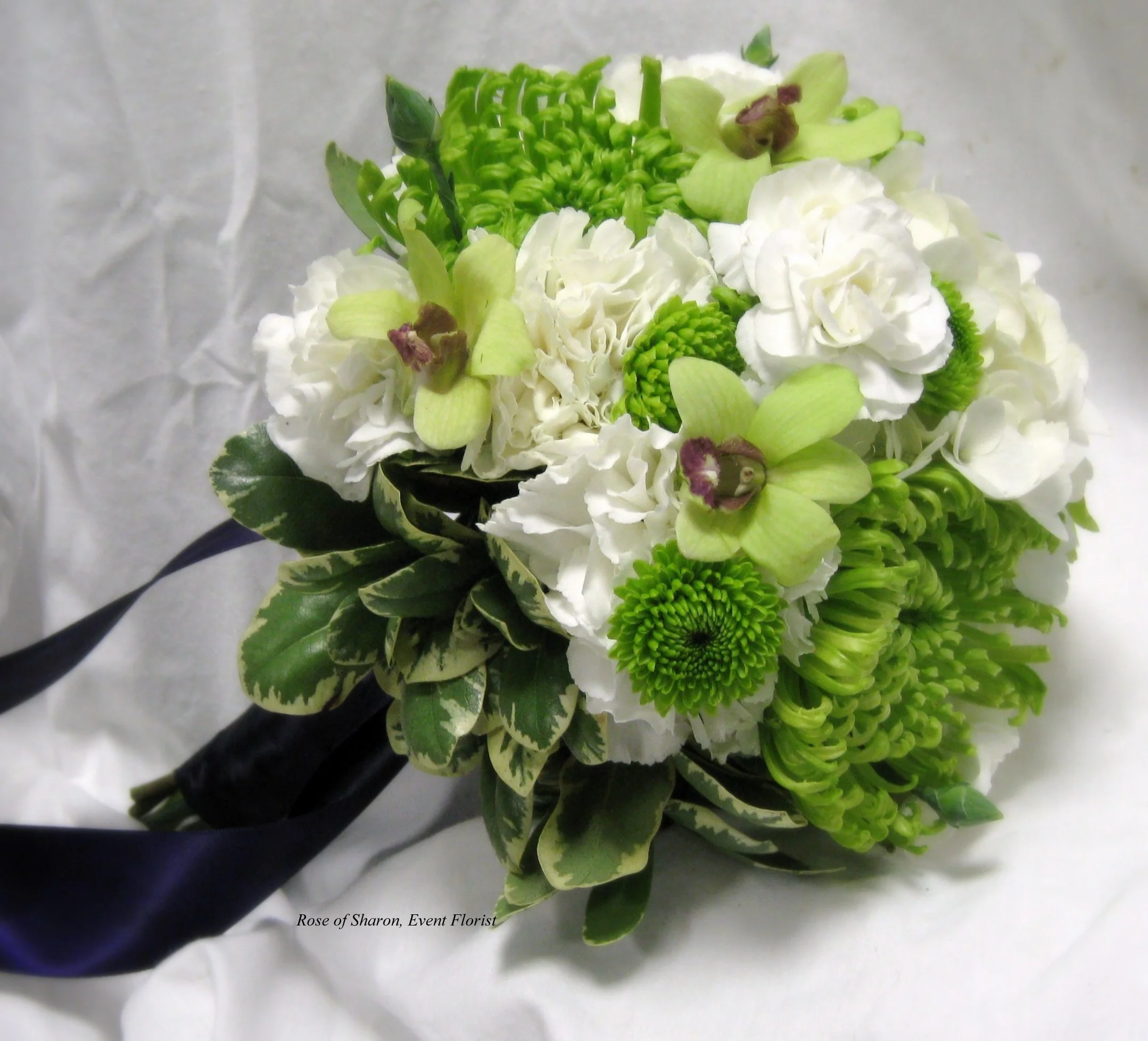 Hand-Tied Orchid, Carnation & Mum Bouquet. Rose of Sharon Floral Designs