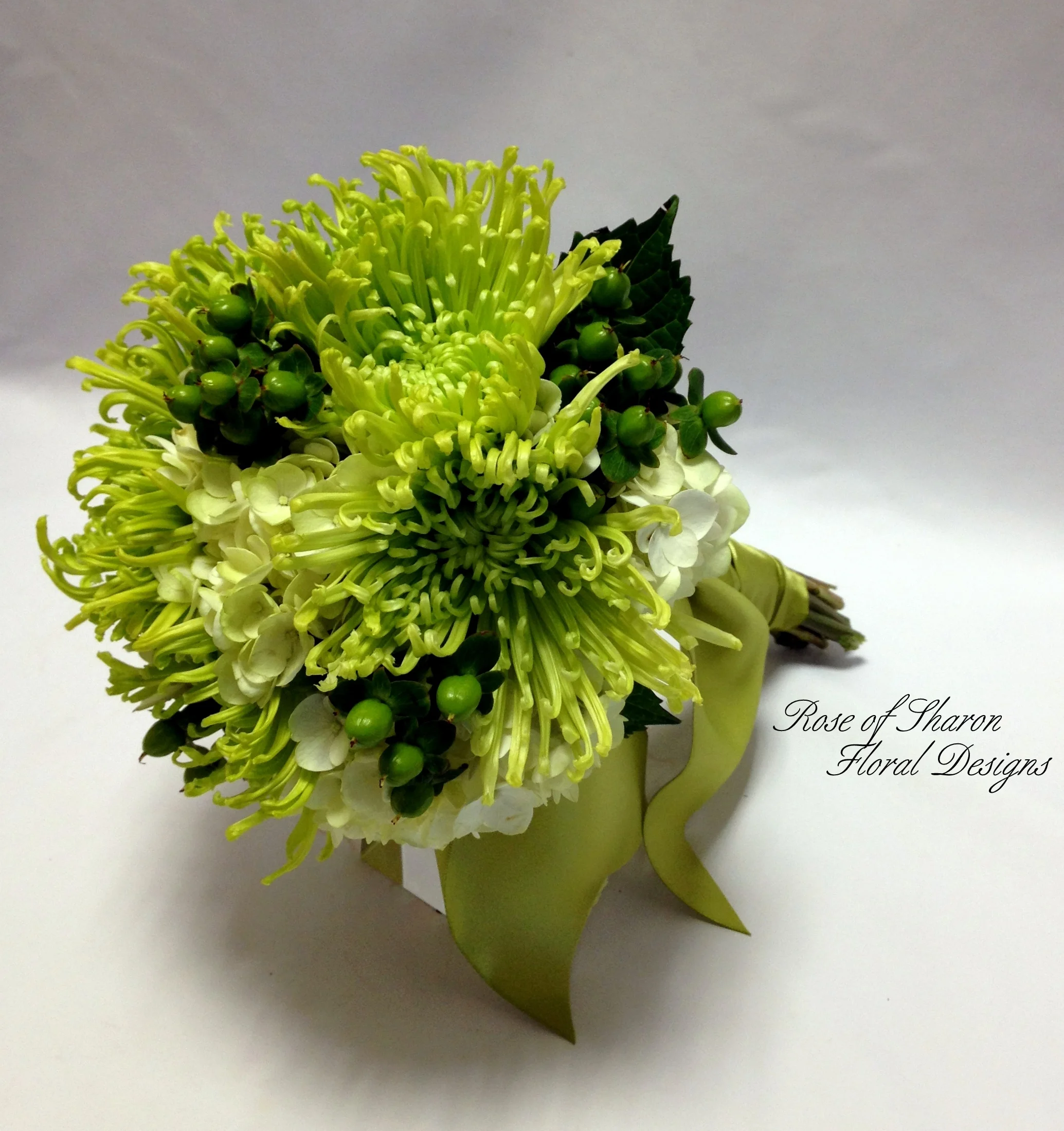 Hand-Tied Bouquet. Spider Mum, Hydrangea & Hypericum Berries. Rose of Sharon Floral Designs
