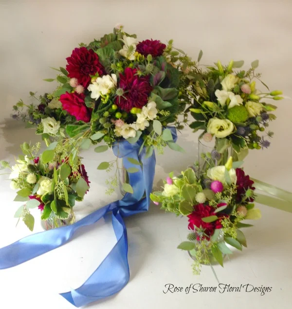 Hand Tied Bouquets with Dahlias, Ranunculus and Foliage, Rose of Sharon Floral Designs