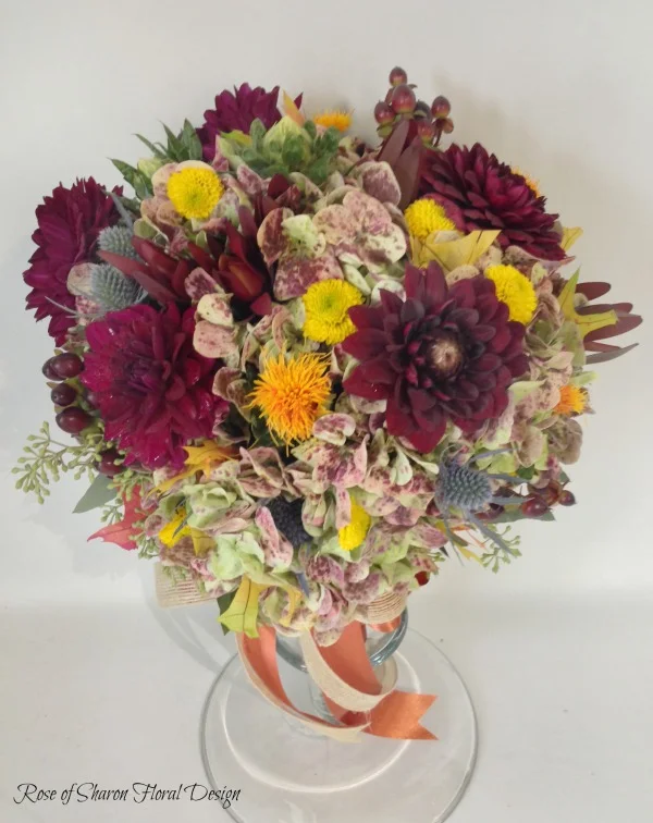Hand Tied Hydrangea, Dahlia, Eryngium Bouquet, Rose of Sharon Floral Designs