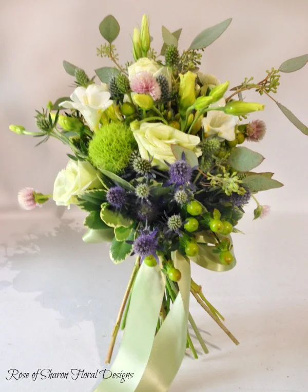 Hand Tied Rose, Freesia and Eryngium Bouquet, Rose of Sharon Floral Designs