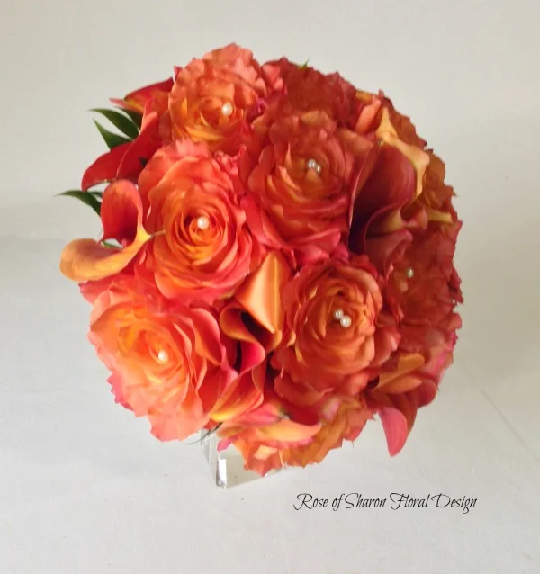 Orange Hand-Tied Bouquet with Calla Lilies and Free Spirit Roses. Rose of Sharon Floral Designs