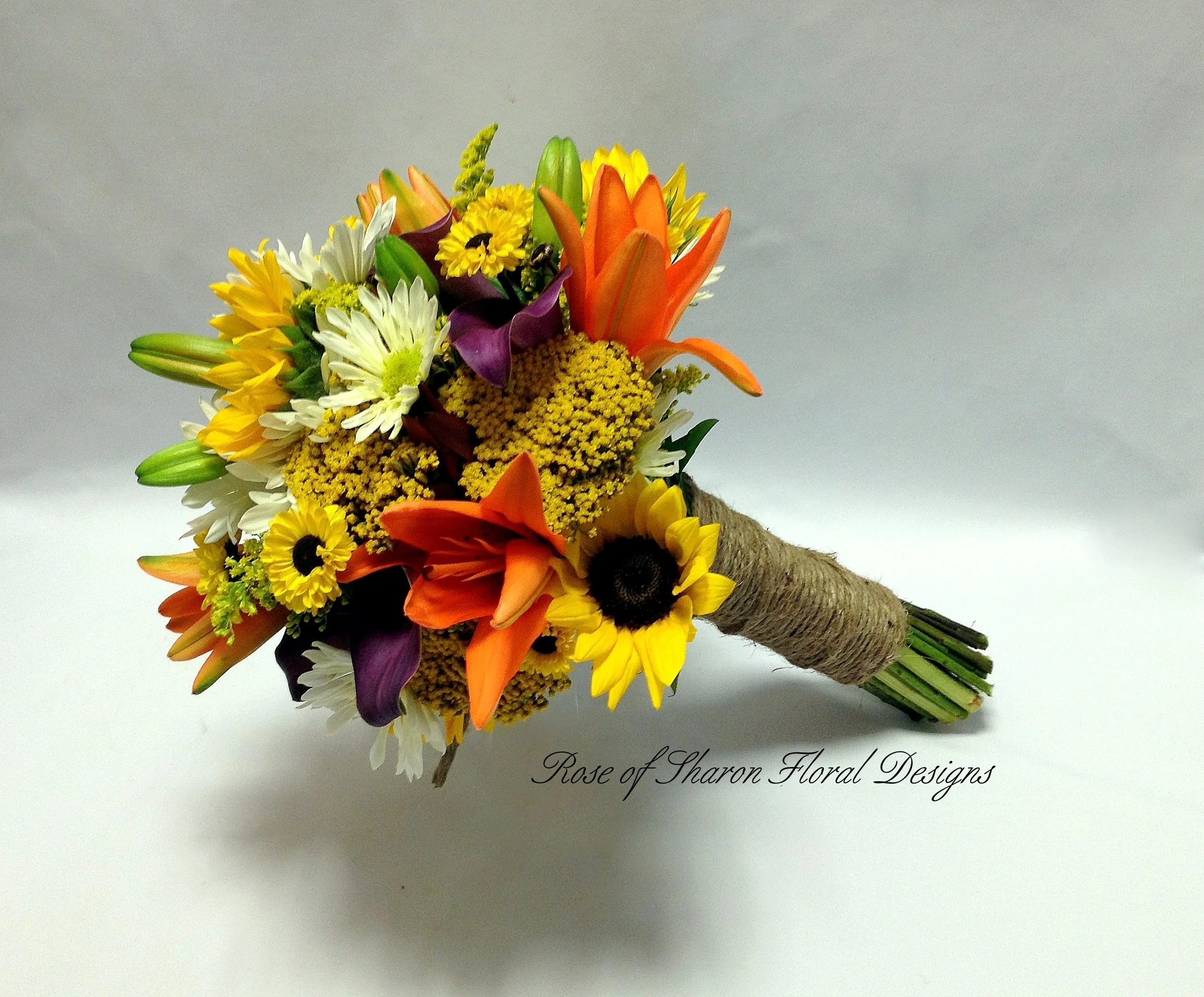 Hand Tied, Lily, Mum and Sunflower Bouquet, Rose of Sharon Floral Designs