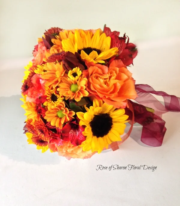 Sunflower, Mum, Rose hand Tied Bouquet, Rose of Sharon Floral Designs