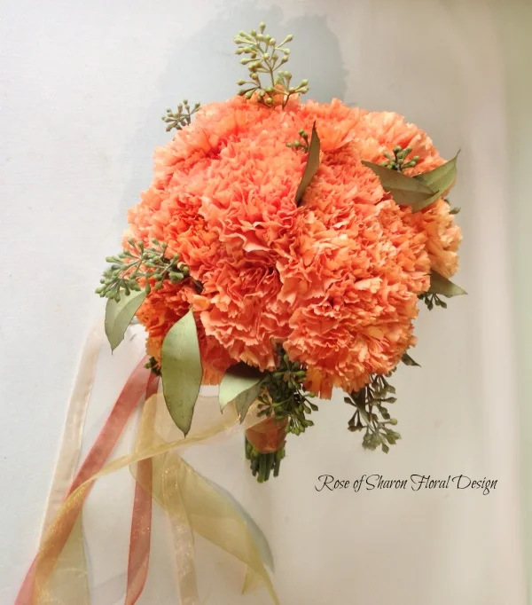 Peach Hand-Tied Carnation Bouquet with Seeded Eucalyptus. Rose of Sharon Floral Designs