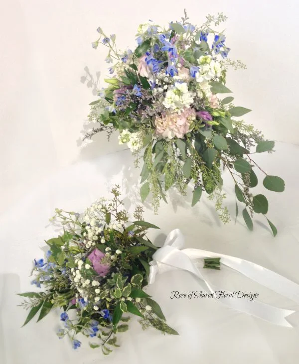 Blue and Pink Organic Bride and Bridesmaid Bouquets. Delphinium, Hydrangea & Assorted Greenery. Rose of Sharon Floral Designs