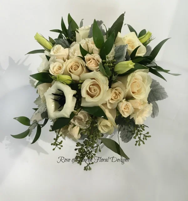 Hand-Tied Bouquet. Pale Blush Roses, Anemones & Eucalyptus. Rose of Sharon Floral Designs