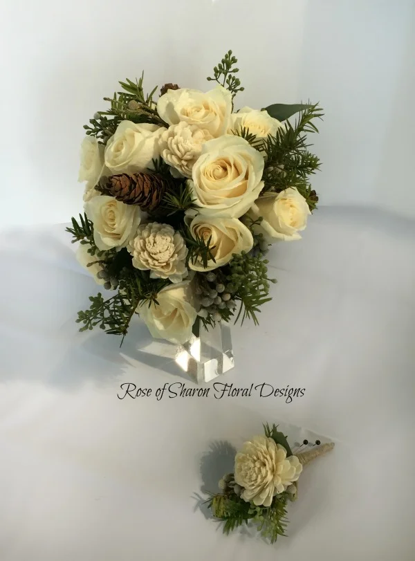 Winter Hand-Tied Bouquet. Balsa Wood Roses, Evergreens, Pinecones & Roses. Rose of Sharon Floral Designs