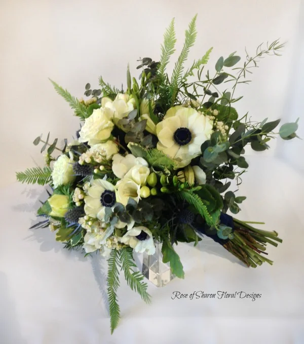 Organic Hand-Tied Bouquet. Anemones, Freesia, Eucalyptus & Eryngium. Rose of Sharon Floral Designs