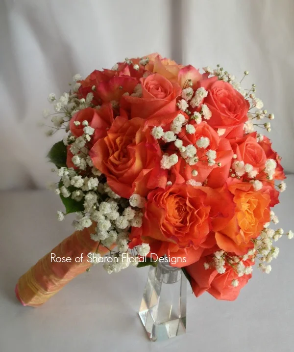 Orange Hand-Tied Bouquet with Free Spirit Roses and Baby's Breath. Rose of Sharon Floral Designs