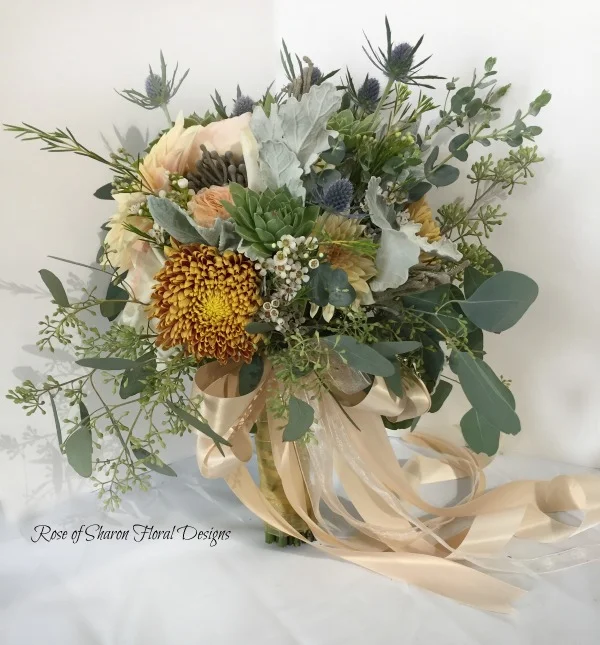 Organic Bouquet with Gold Mums, Dahlias, Eryngium & Eucalyptus. Rose of Sharon Floral Designs