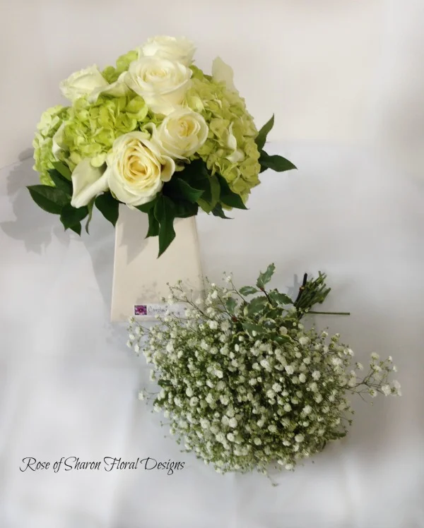 Green Rose & Hydrangea Bridal Bouquet and Baby's Breath Bridesmaid Bouquet. Rose of Sharon Floral Designs