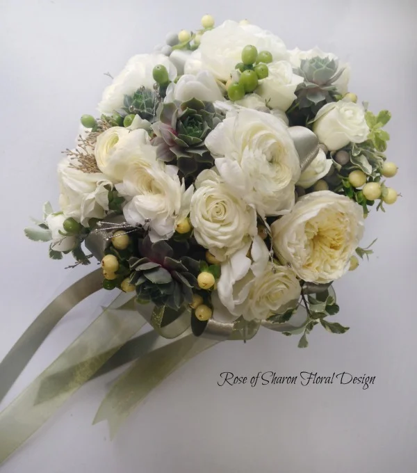 White & Green Hand-Tied Bouquet. Ranunculus, Garden Roses & Succulents. Rose of Sharon Floral Designs