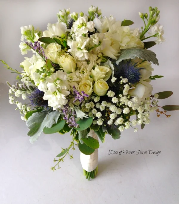 Blue and Cream Hand-Tied Organic Bouquet with Stock, Roses, Baby's Breath and Thistle. Rose of Sharon Floral Designs