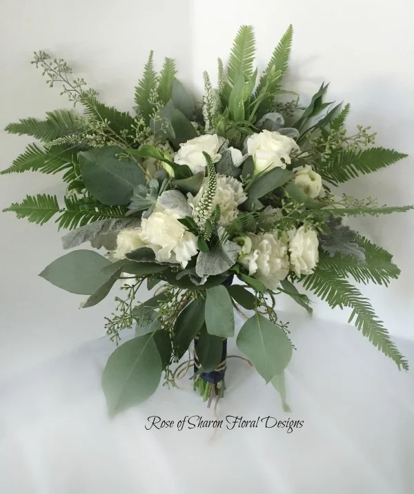 Organic Bouquet with Roses, Carnations, Dusty Miller, Ferns & Eucalyptus. Rose of Sharon Floral Designs