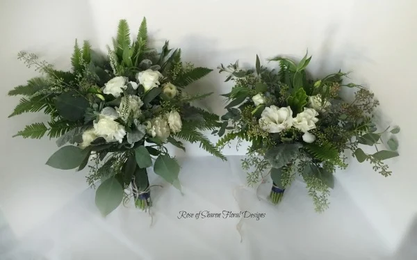 Organic Bride and Bridesmaid Bouquets. White Roses, Carnations, Ferns & Eucalyptus. Rose of Sharon Floral Designs