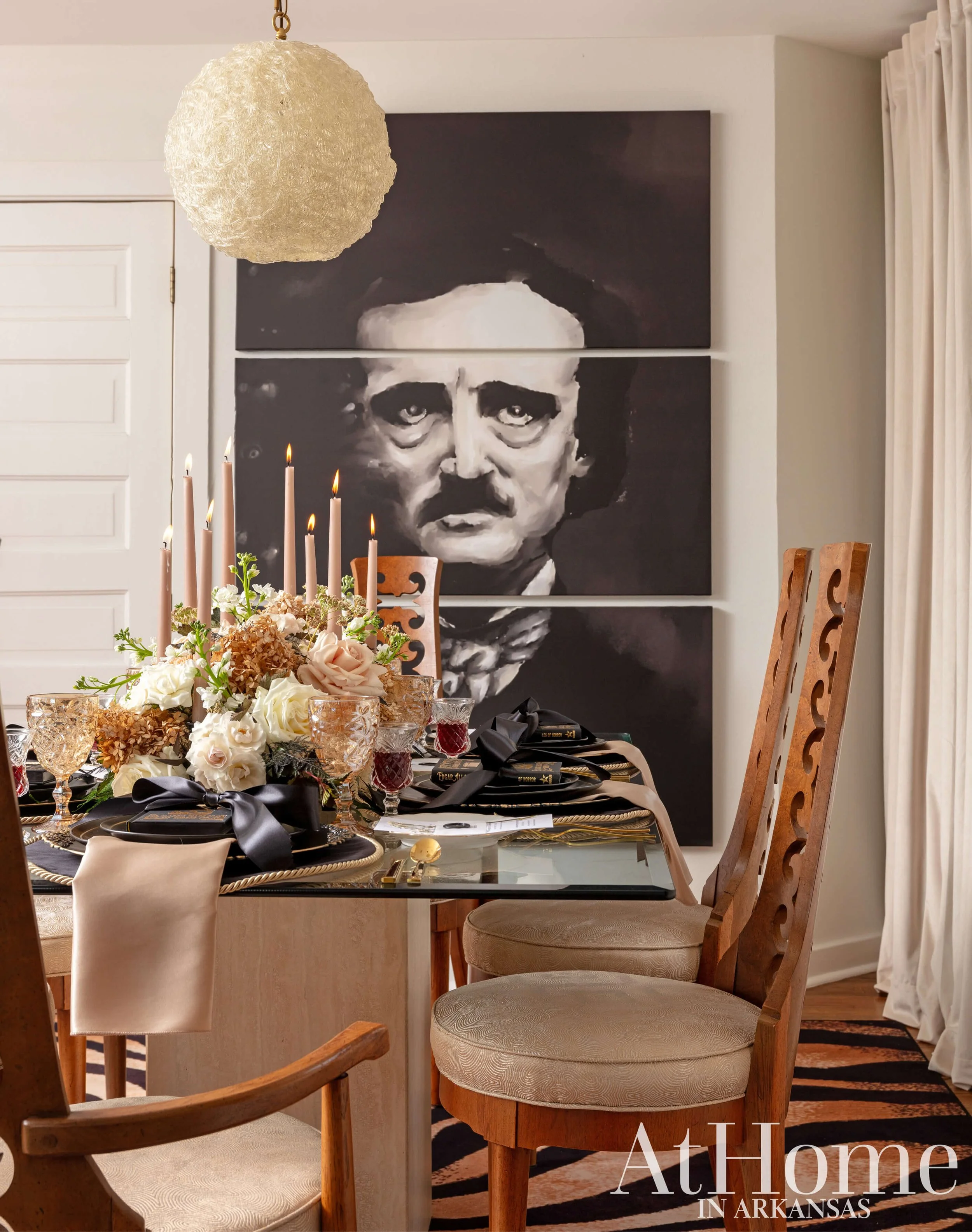 Centerpiece featuring plumosa, dried hydrangeas and yarrow with ivory, champagne, and peach roses designed by Rose of Sharon Floral Designs. Photo by Rett Peak.