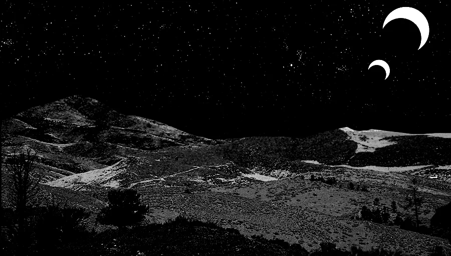 A rolling landscape of hills with mountains in the distance extends before you. A low mist covers the ground and all is shrouded in darkness. Yet every detail stands out crisply, still visible somehow...