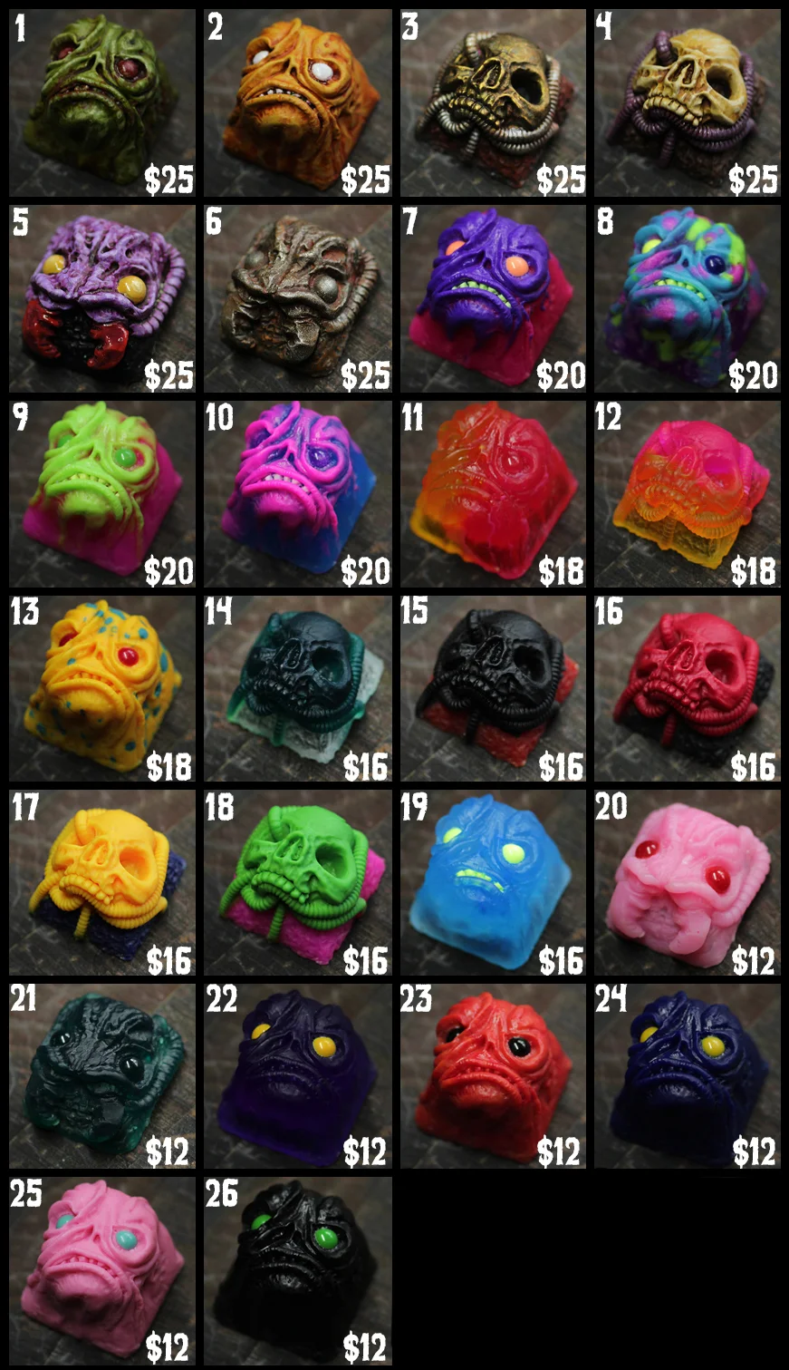SOLD KEYCAPS: These keycaps range from 1-5 colors of hand-poured resin. As well as 6 hand-painted caps.