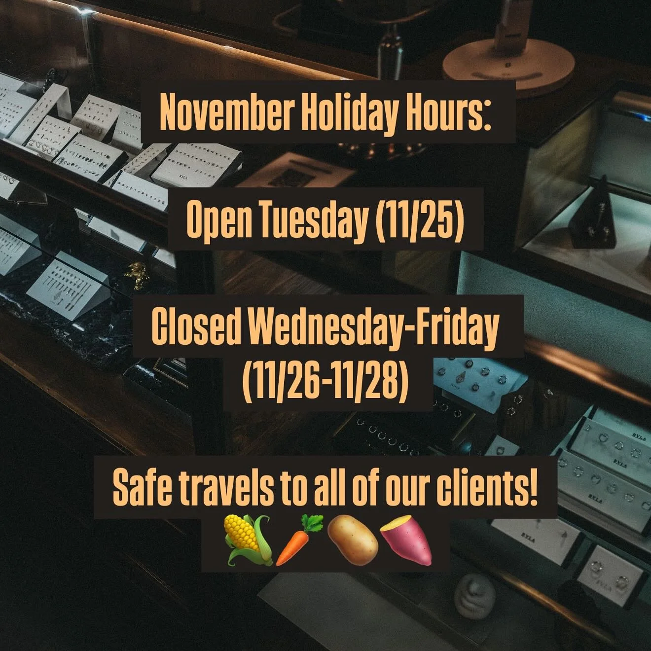 Clients! Here are our holiday hours for the end of this month. We will be open the Tuesday before Thanksgiving, but closed for the three following days🥧Safe travels to y&rsquo;all!