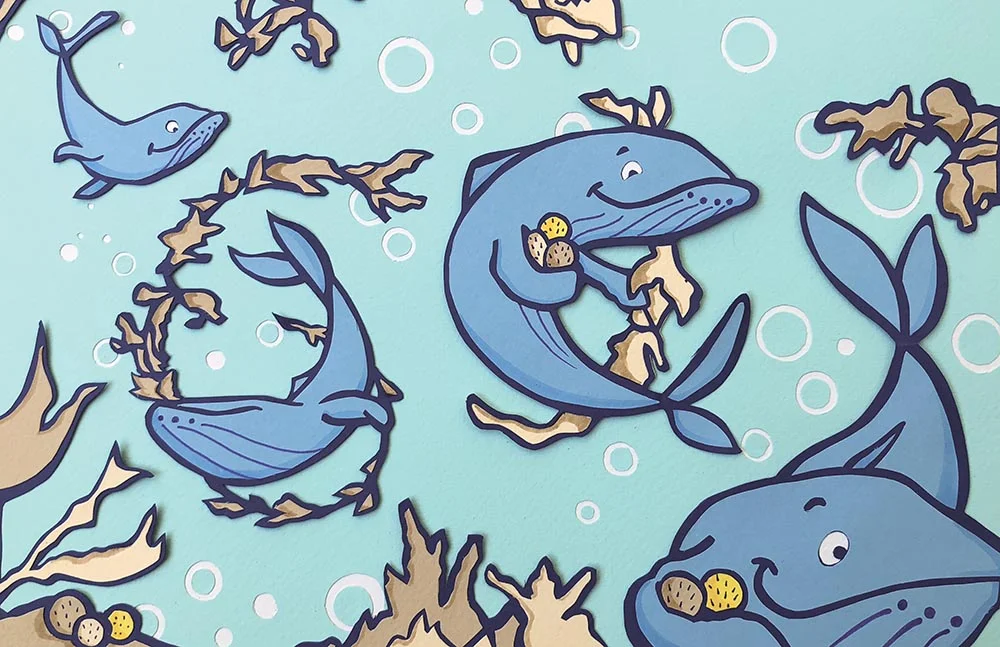 Promotional piece for my story Whale's Best Friend. Cut paper collage. 2018. Are you an agent or editor who would like to see the manuscript? Let's talk! You can email me at Maile.McCarthy@gmail.com