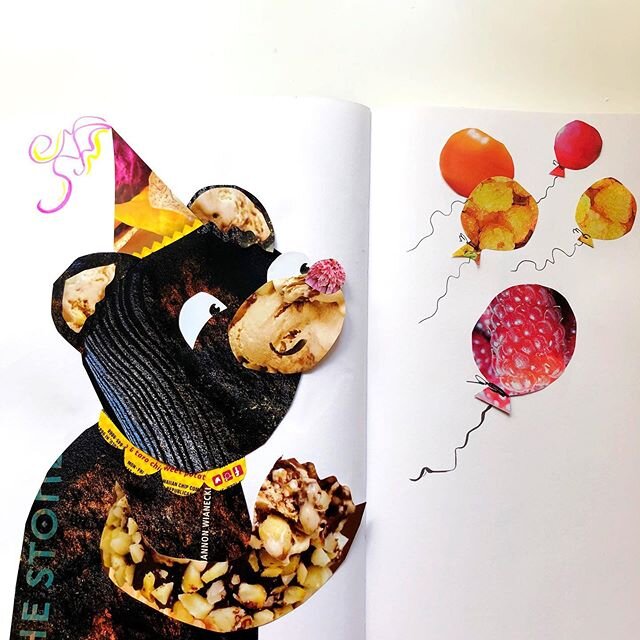 Every exercise seems to become my new favorite! Let&rsquo;s Make Art For Fun pt27&mdash; magazine collage a bear at a party. Sending balloons to all the other collage bears at the social distancing party&hellip; 🐻 🎉 🎈 .
.
.
.
#collageartwork&nbsp;