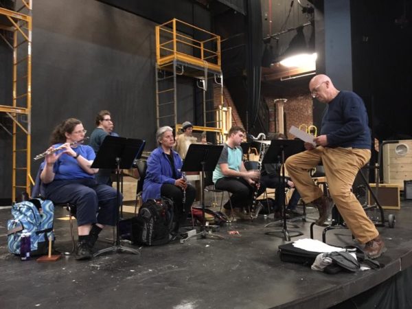 Patty Wight | Maine Public Visiting artist Rinde Eckert (right) works with students during a rehearsal.
