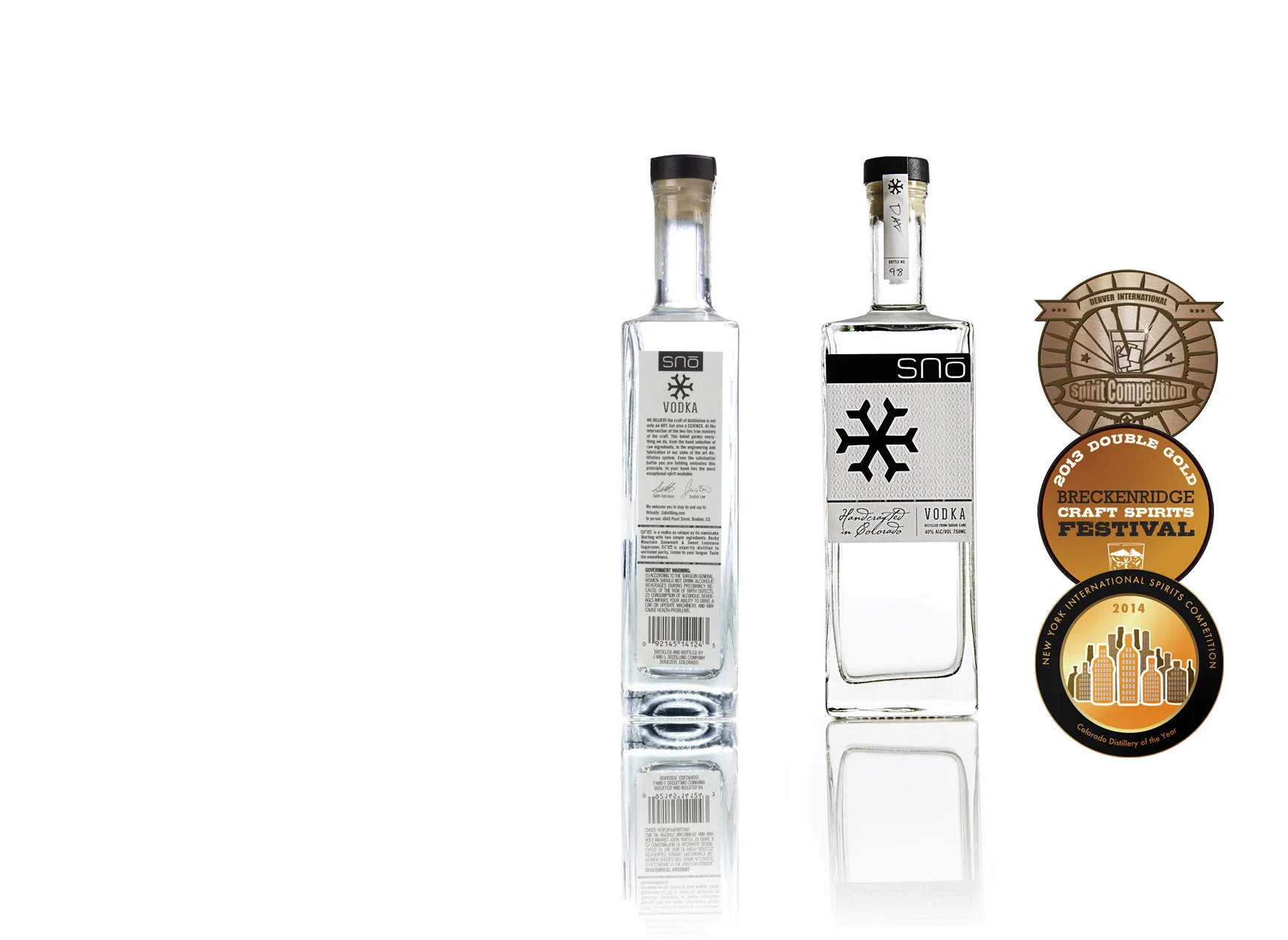 SNO Vodka 40% Handcrafted from sugar cane SNO is a vodka as unique as its namesake. Starting with two simple ingredients: Rocky Mountain Snowmelt and Sweet Louisiana Sugarcane, vodka is expertly distilled to unrivalved purity. Listen to your tongue. Taste the smoothness.