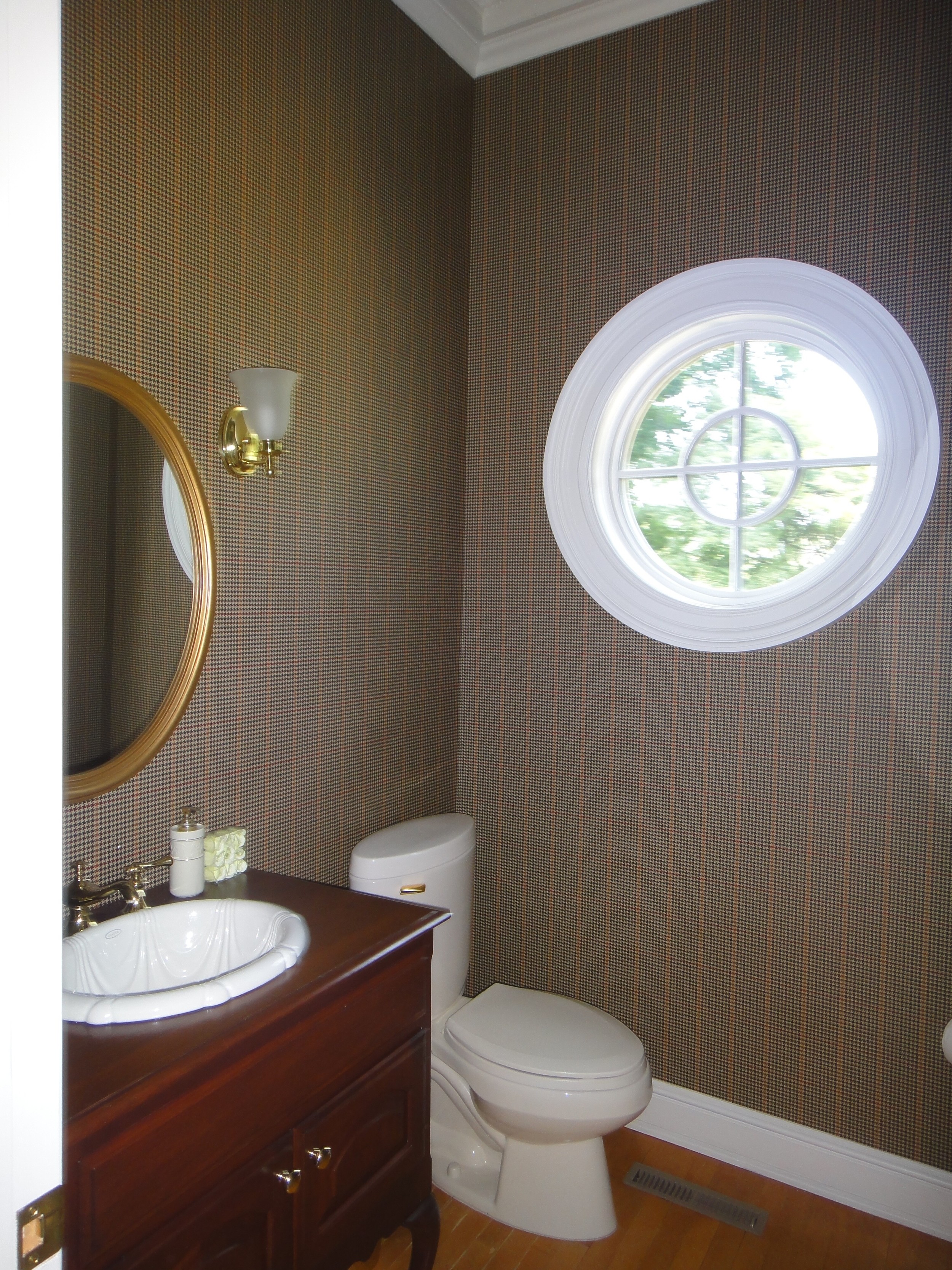 Plaid wallpaper, 'fauxhogany' sink vanity w/Roman swag fantasy sink...
