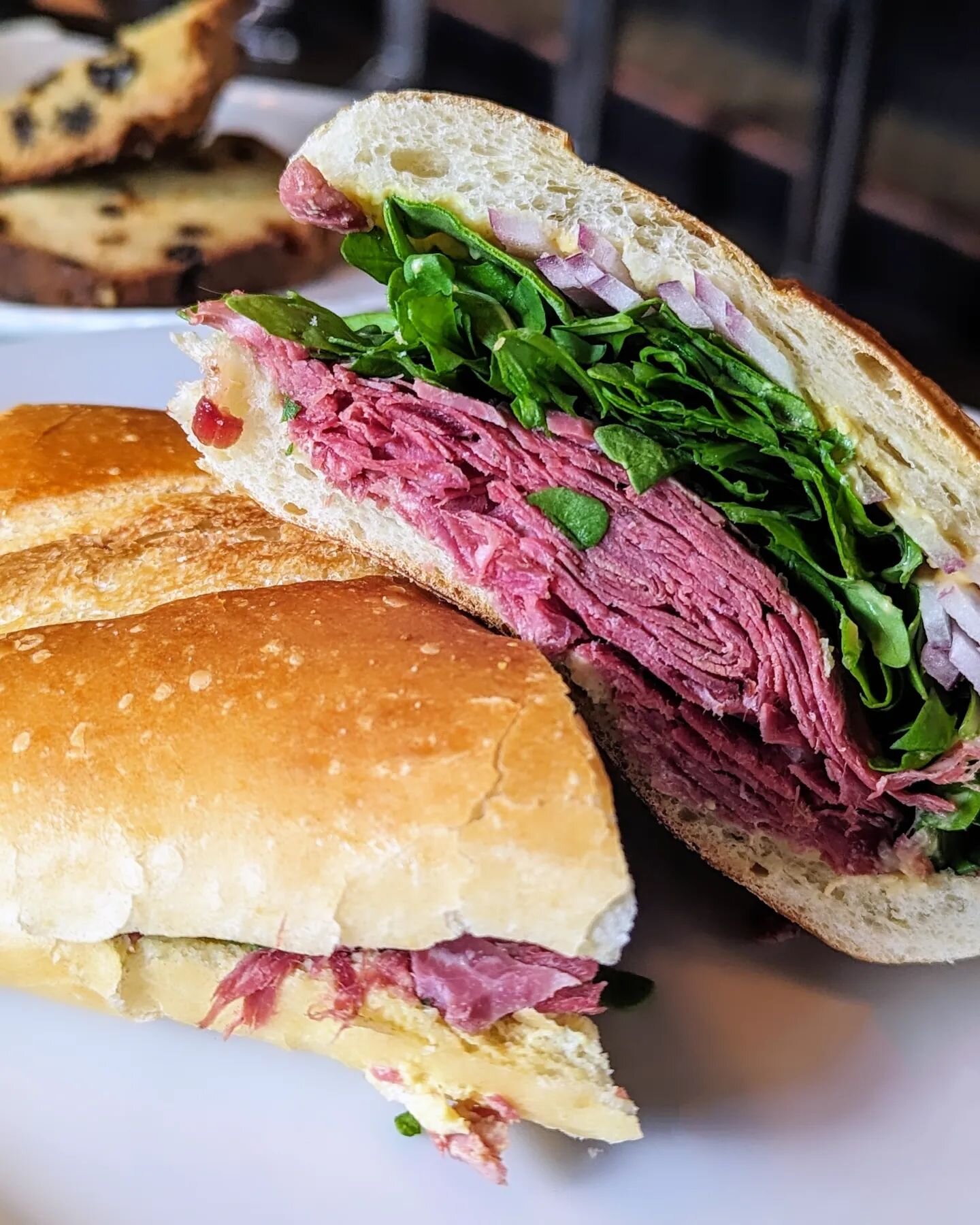 ☘️Best kept secret in town... Chef Dean's Corned Beef &amp; Cabbage from his Irish roots. Here's our delicious Corned Beef Sandwich with red onion, arugula &amp; Dijon mustard.  Come visit us tomorrow for a Guinness and a plate! Sl&aacute;inte! 🍻 Ha