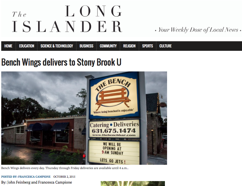 Bench Wings delivers to Stony Brook U. - Long Islander