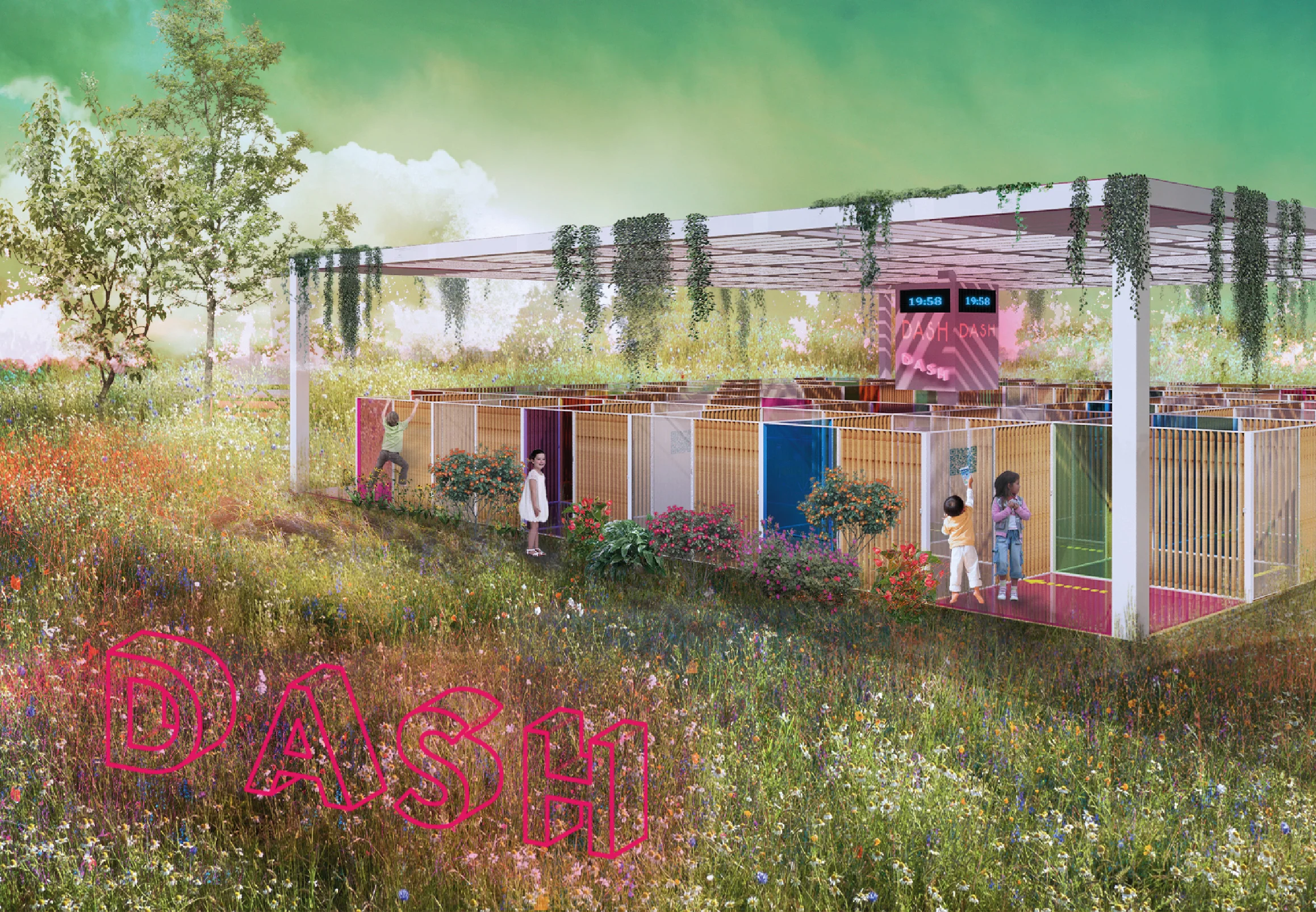 DASH : Part of our Eat, Play, Learn Outdoor Series for Schools and Learning Facilities. In game mode, teams of people have to make their way through the gates, racing against other teams, with digital scenario challenges to be completed in order to open each subsequent gate. At lunchtime, the shaded space can be used for eating outdoors. In casual learning mode, the gates can be reconfigured to create larger outdoor learning spaces that are shaded.