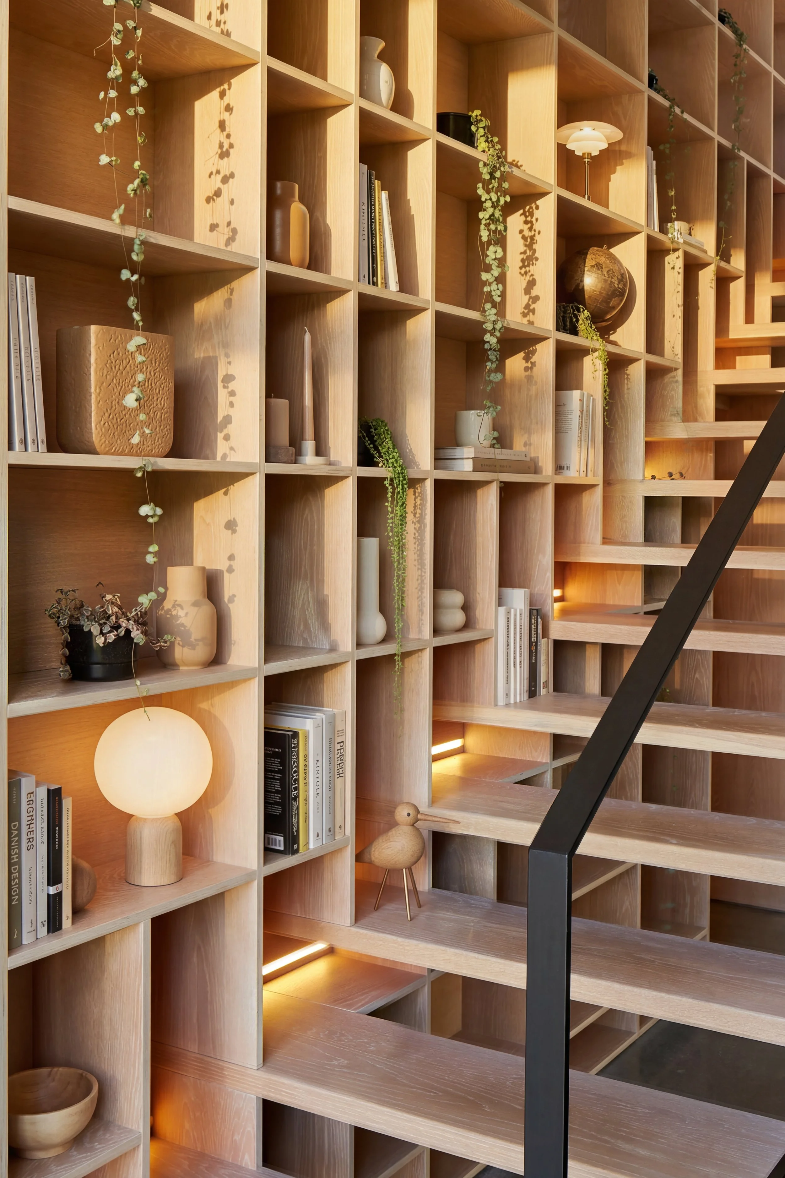 Designed by Jo Aitken for Atelier Aitken - wood bookshelf and stair at Omaha.jpg