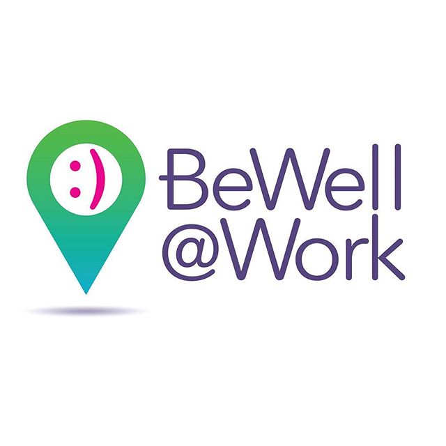 BeWell@Work LOGO &ndash; Affinion Group's onsite wellness clinic. Making it easy and convenient for employees to access healthcare and stay healhy. This logo combines the iconic pin drop graphic with the classic keystroke smiley face. Together, these