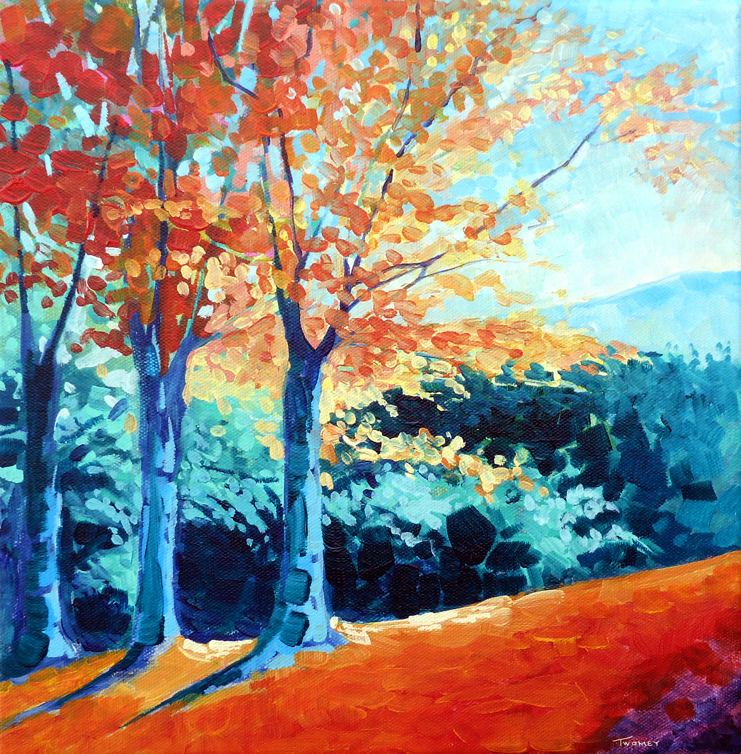 Saw Mill Hill Road, Vermont Autumn”, 12X12”, acrylic