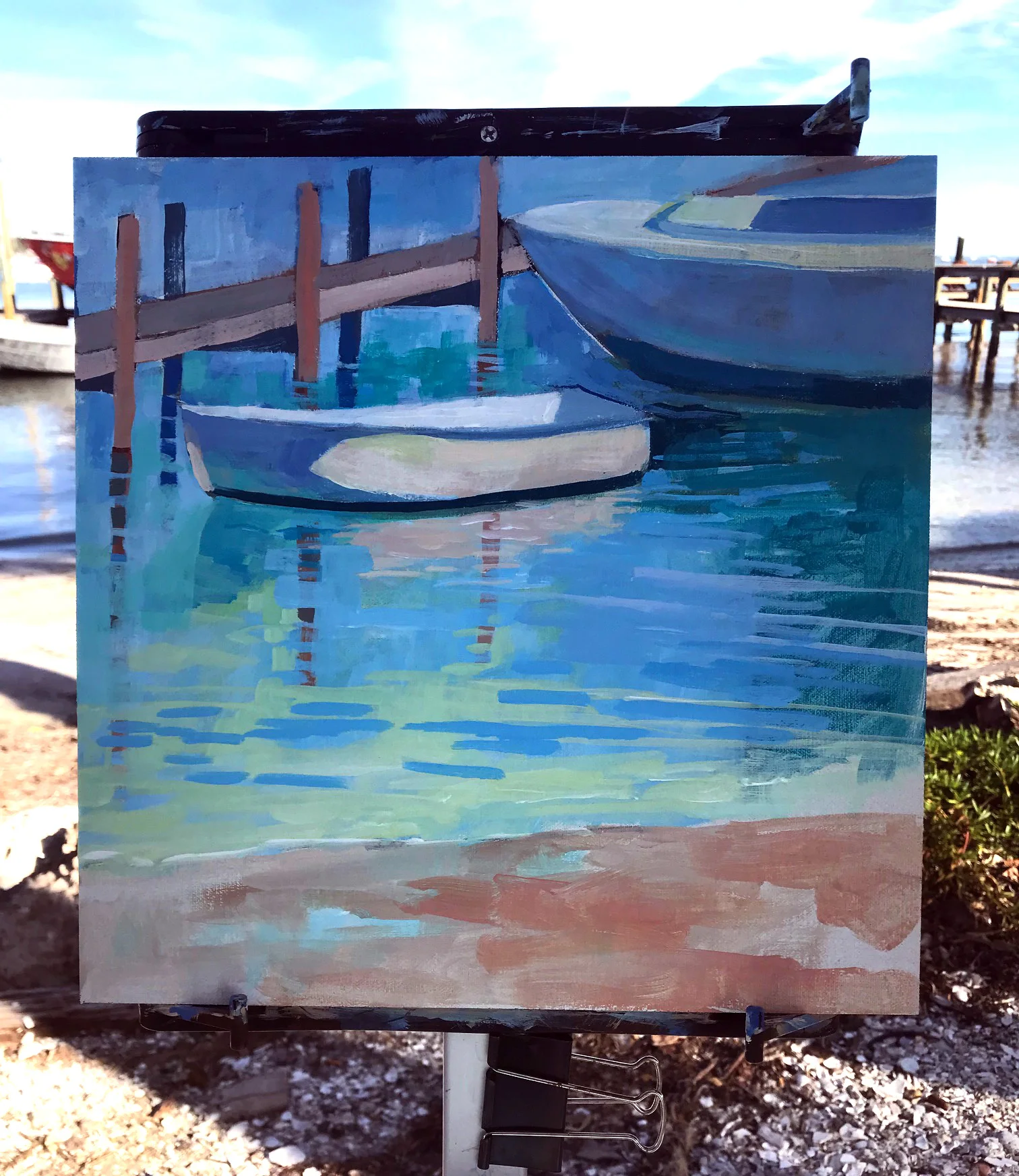 “Two Boats, Bridge Street”, 12X12”, mixed media, work in progress