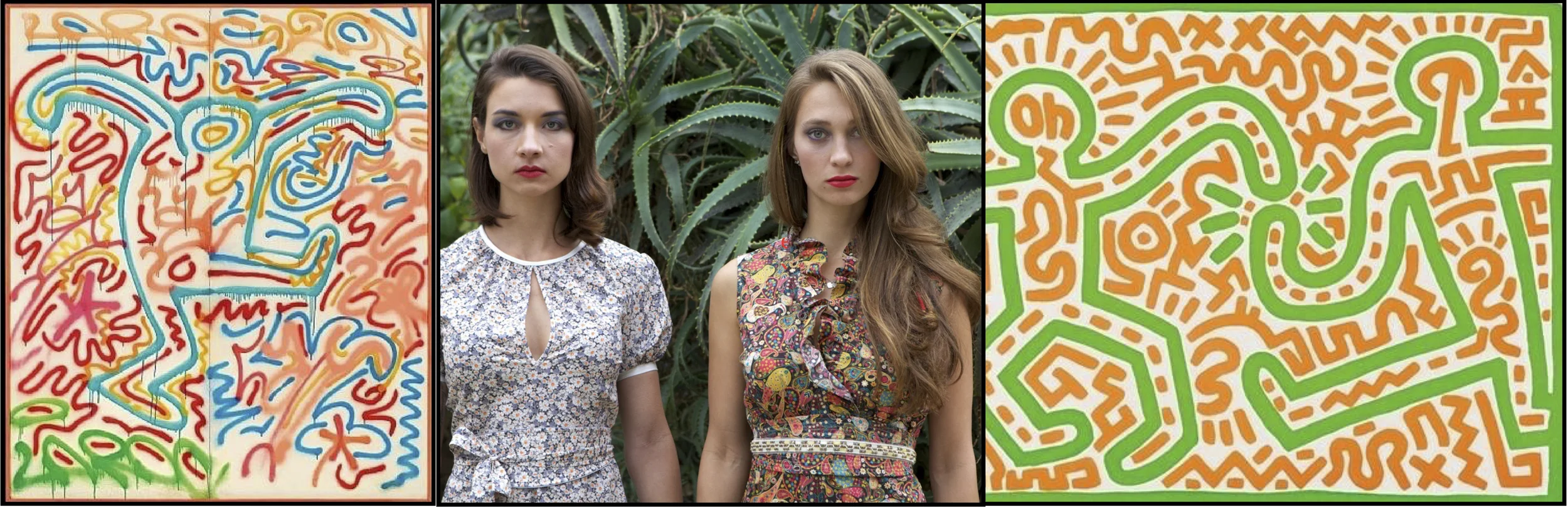 Left panel: Keith Haring - Untitled 1984. Right Panel: Keith Haring - Untitled 1983. Center photography by Loren Philip
