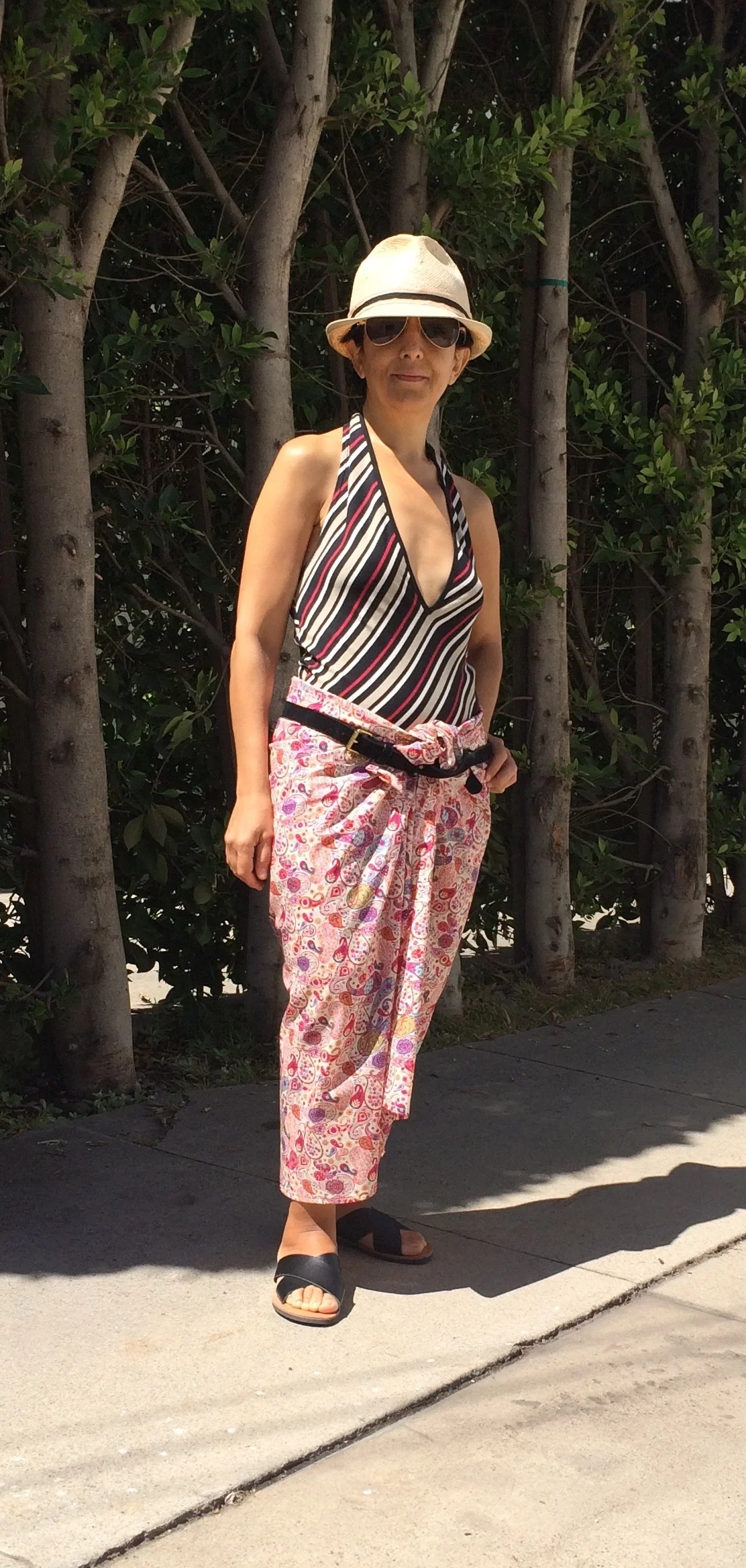  Wearing vintage kaj.ani bodysuit, new kaj.ani Liberty-Print Sarong, Nikola Sandals, sun hat
