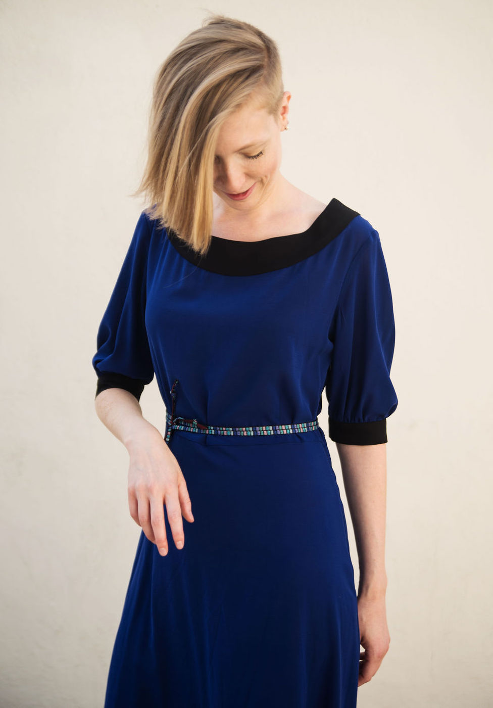 Silk Midi Dress in Cobalt Blue & Black