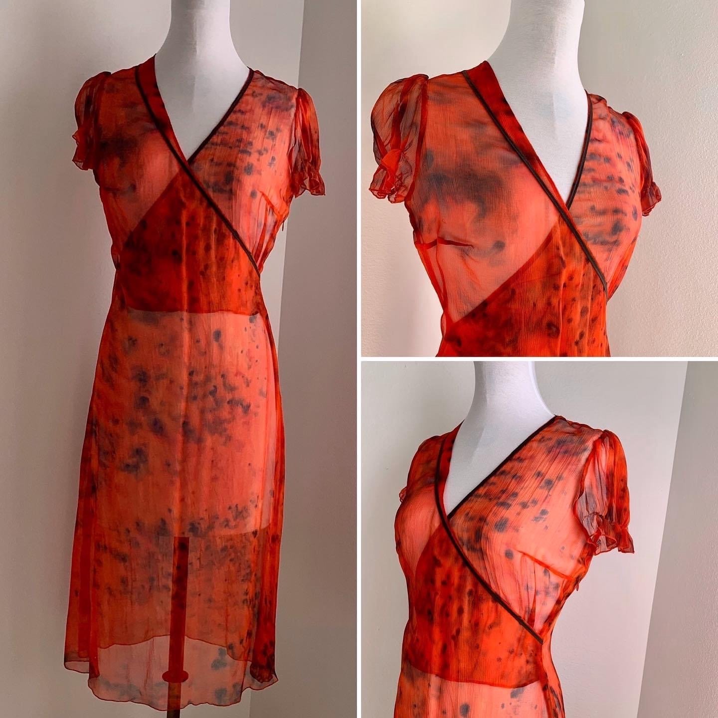 Handpainted Silk - Red Chiffon Dress with Short Sleeves