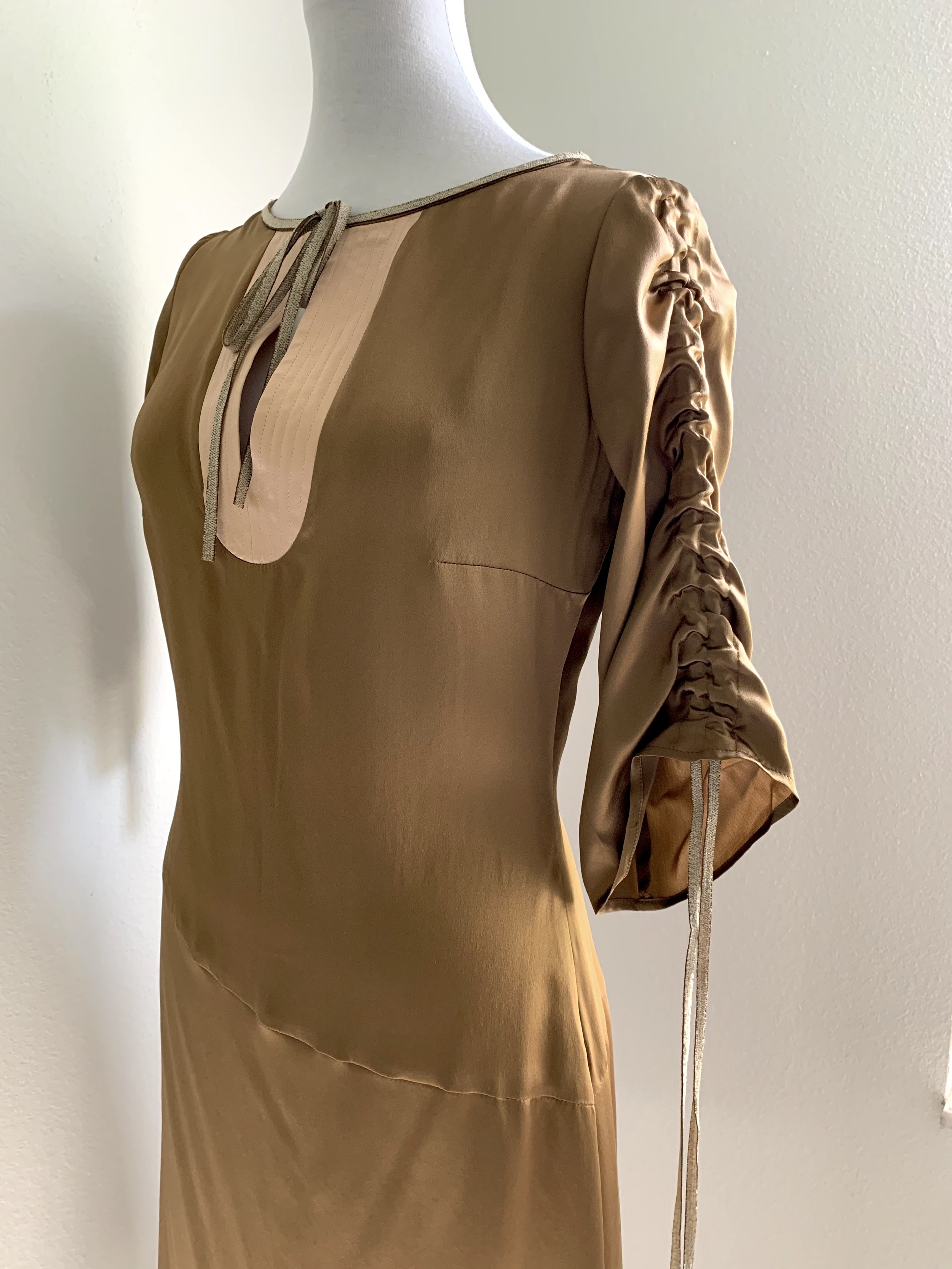 Ruched Midi Dress in Golden Brown Silk Charmeuse