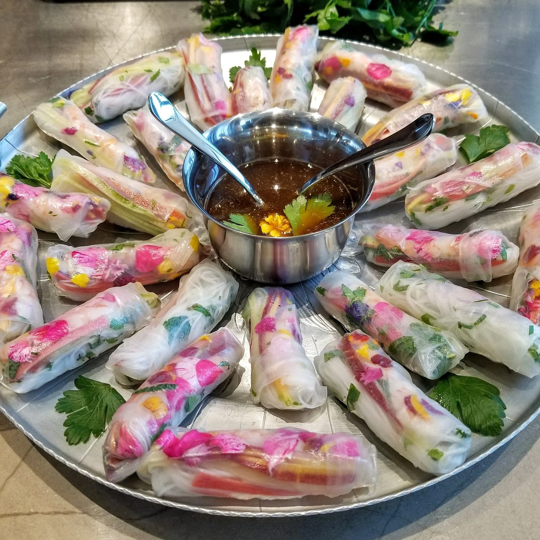 Organic Edible Flowers in Shrimp Spring Rolls