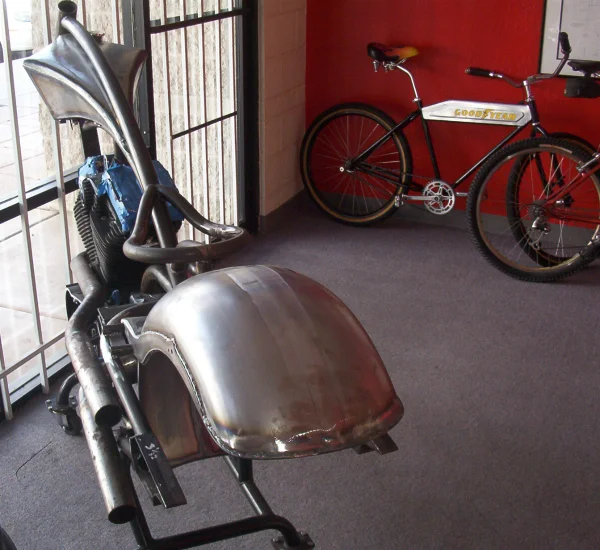 Custom chopper in showroom
