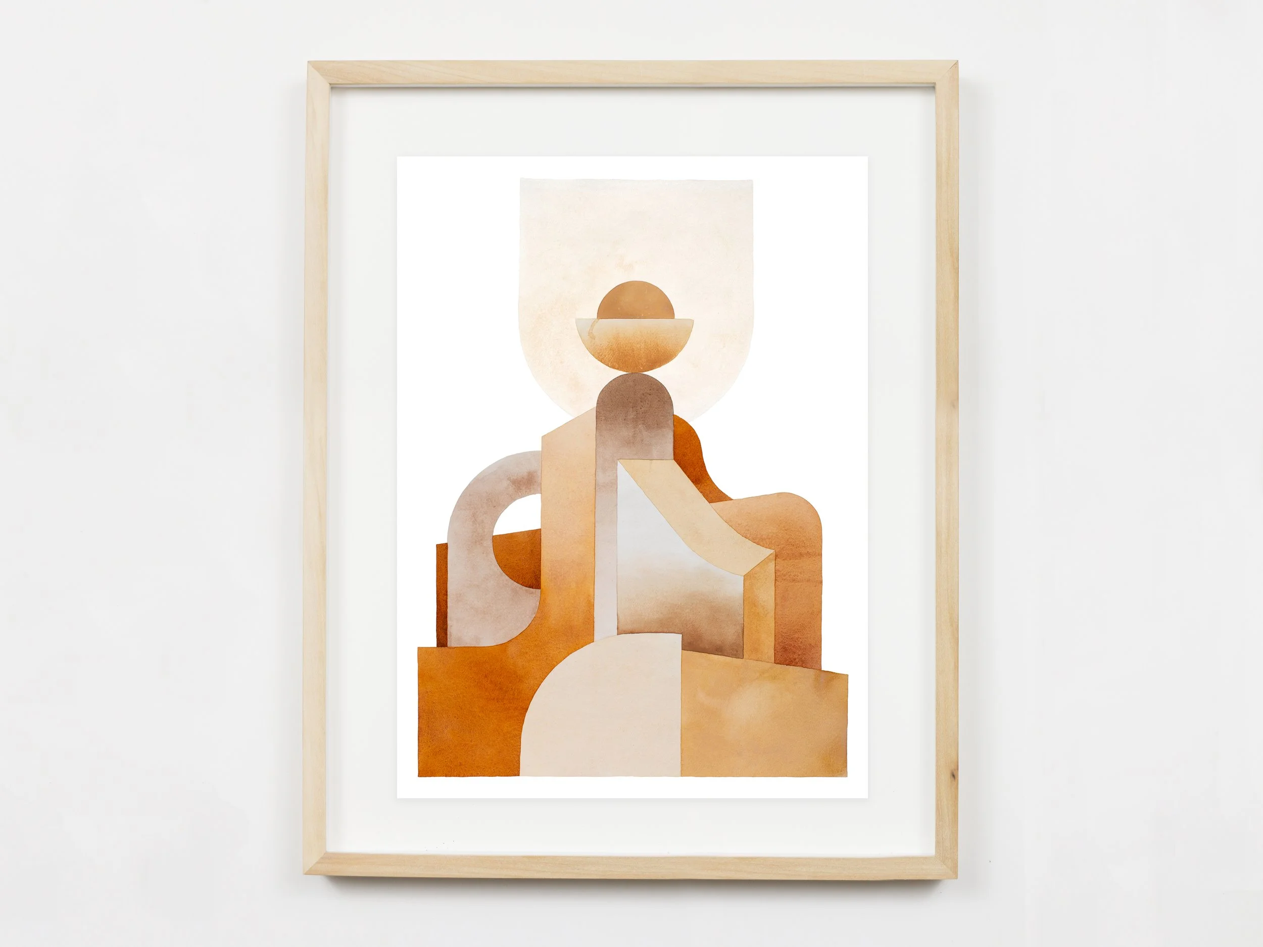 Framed abstract watercolor art print reproduction of original painting Built Together in Gold by Allison Kunath in warm gold and neutral tones.