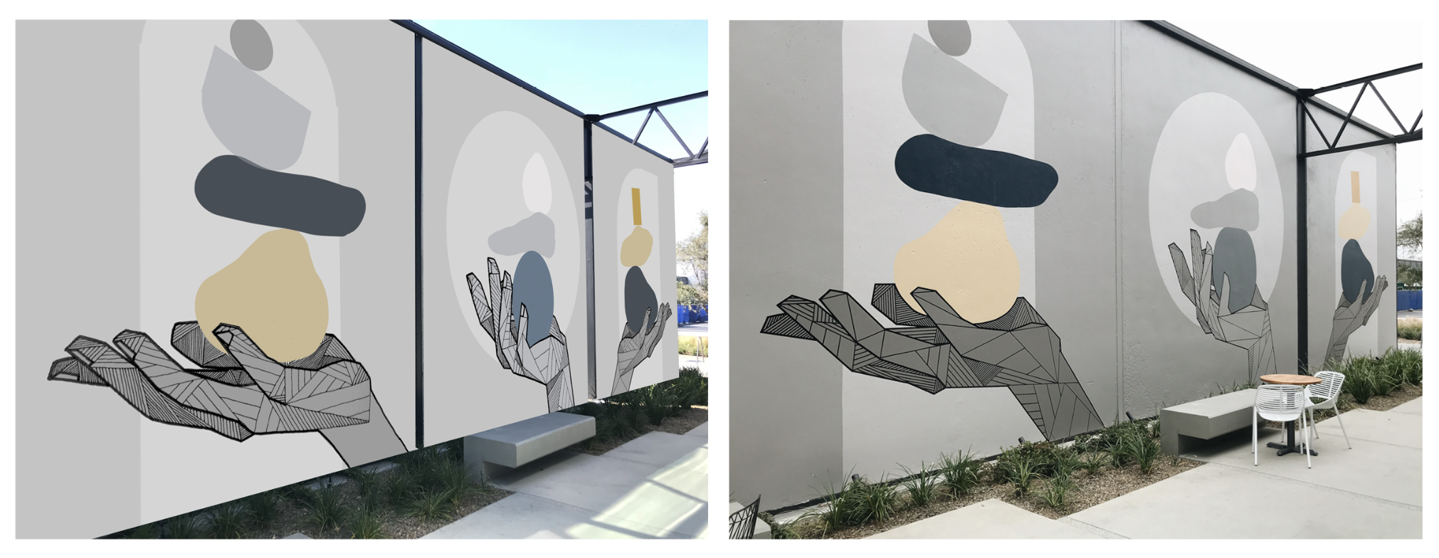 Side by side example of a hand-painted mural paired with it's digital mockup