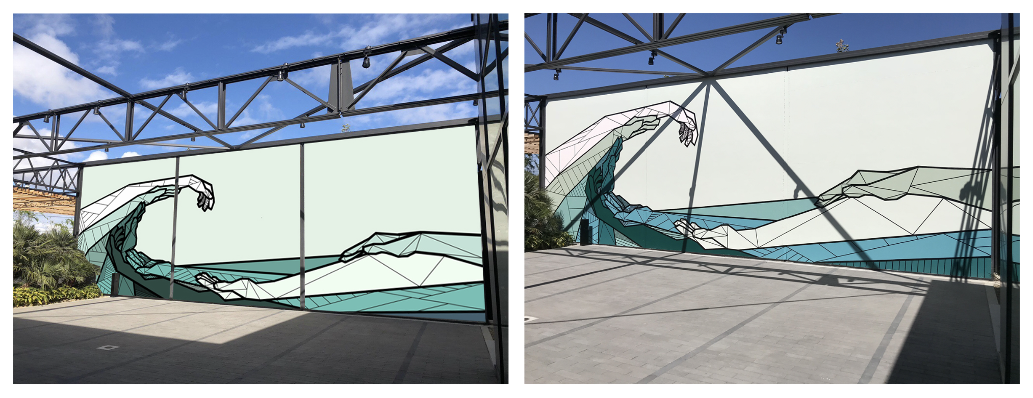Side by side example of a hand-painted mural paired with it's digital mockup